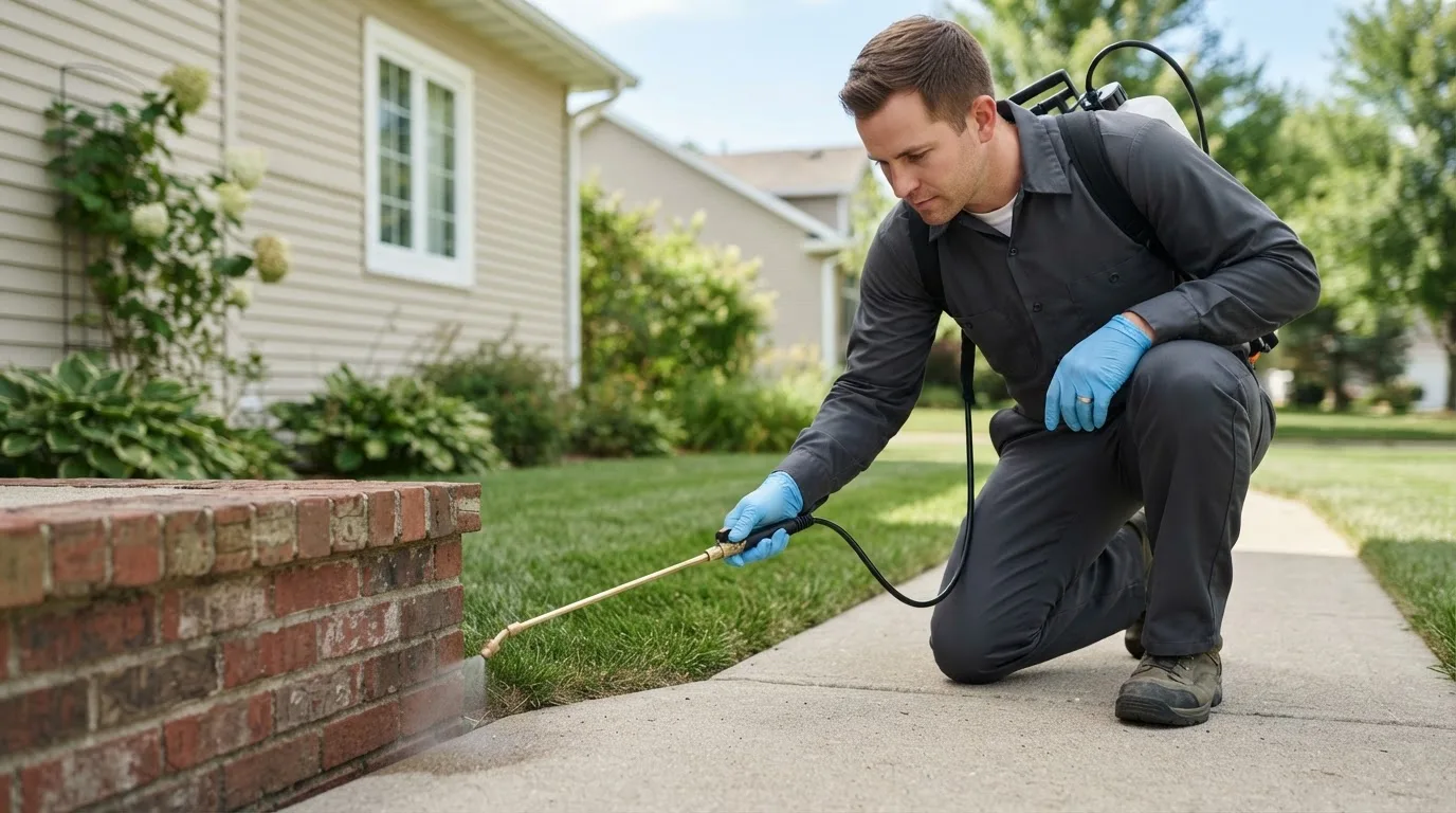 Pest control technician treating a home near Colo, IA
